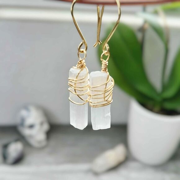 Dainty Raw Selenite Crystal Dangle Earrings, Wire Wrapped Gemstone - Picture 1 of 5